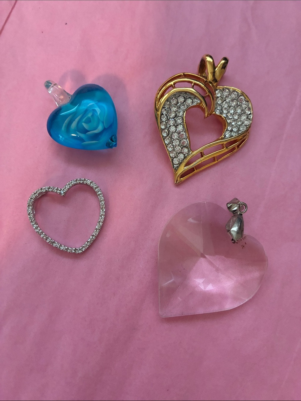 4 Piece Heart pendant Collection. Crystal, Blue, and Gold